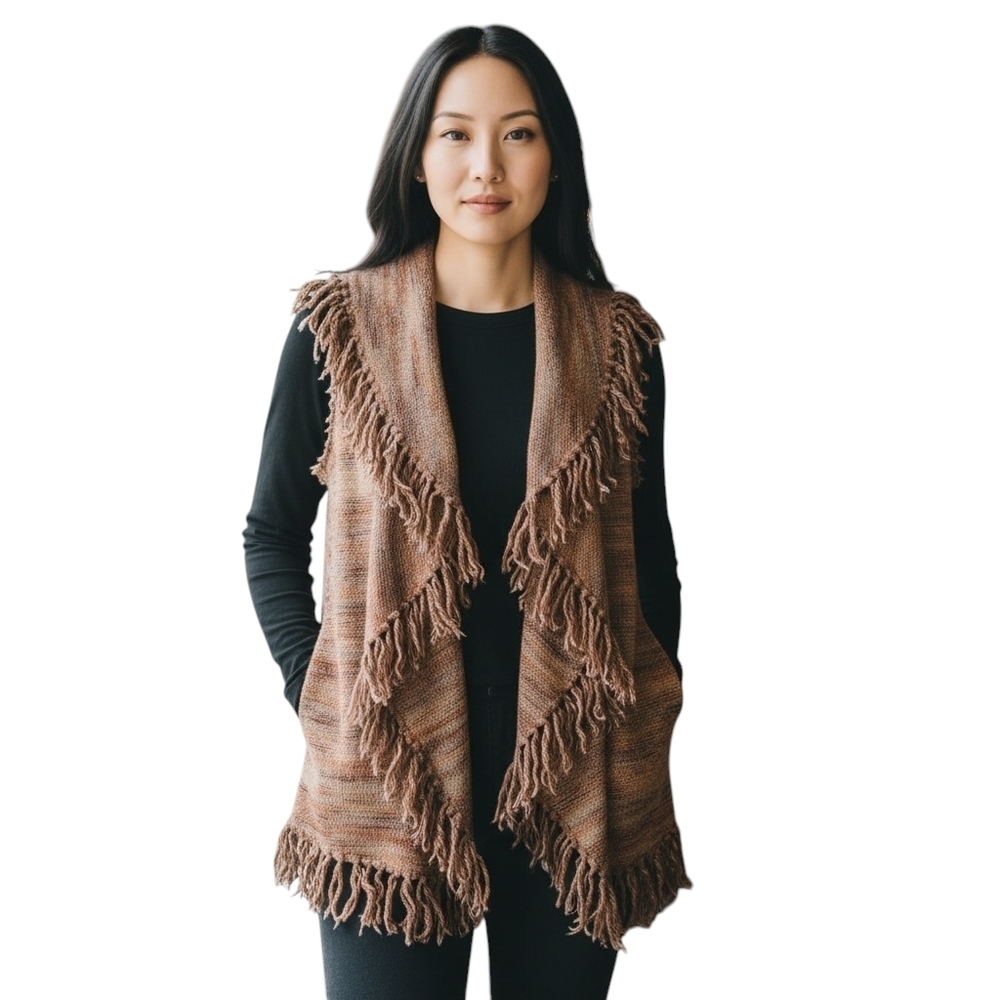Ponsesa Southwestern Fringed Knit Vest in Earth Tones